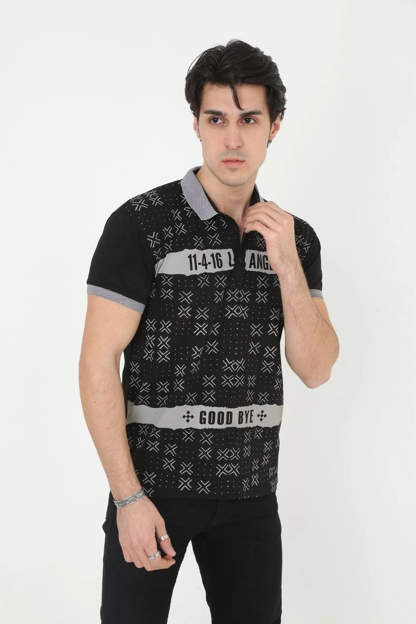 ASSEMA Erkek Yakalı tişort Slim Fit Baskılı Kısa kol T-Shirt - Siyah