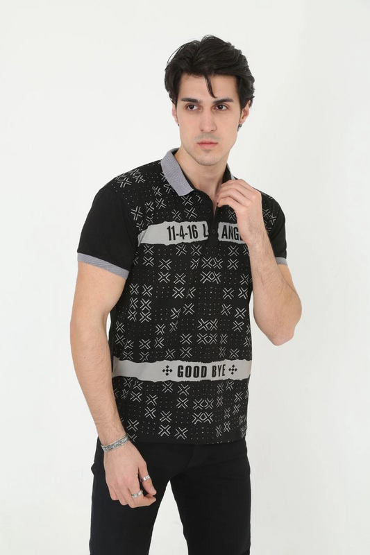 ASSEMA Erkek Yakalı tişort Slim Fit Baskılı Kısa kol T-Shirt - Siyah
