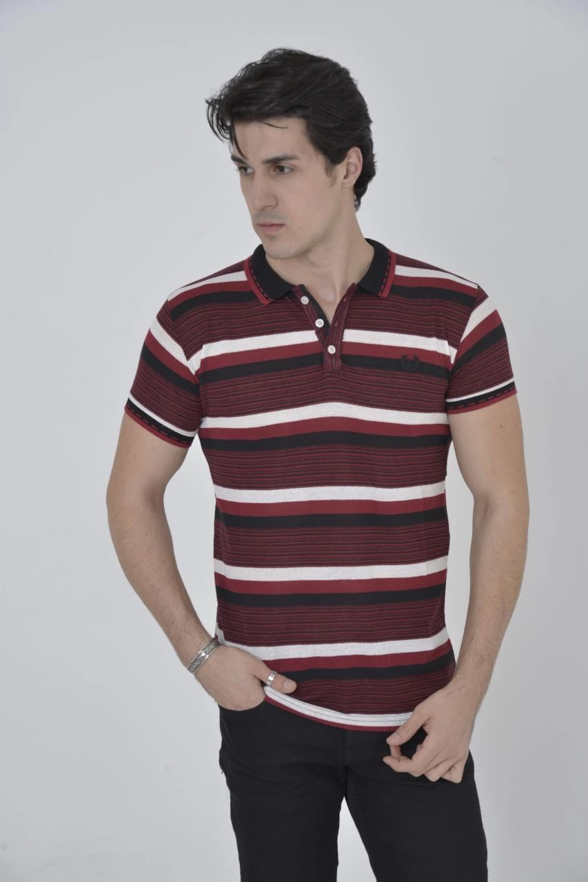 ASSEMA Erkek Yakalı tişort Slim Fit Dokuma Çizgili Kısa kol T-Shirt - Bordo