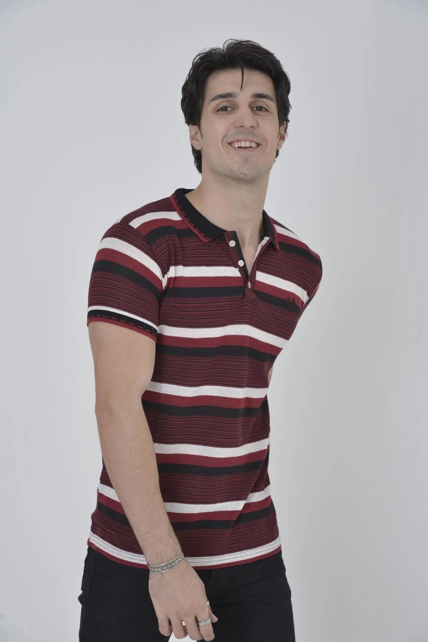 ASSEMA Erkek Yakalı tişort Slim Fit Dokuma Çizgili Kısa kol T-Shirt - Bordo