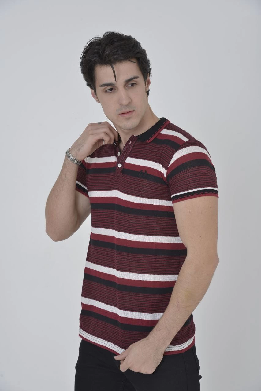 ASSEMA Erkek Yakalı tişort Slim Fit Dokuma Çizgili Kısa kol T-Shirt - Bordo