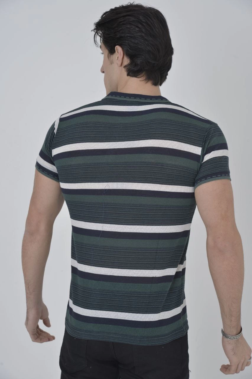 ASSEMA Erkek Yakalı tişort Slim Fit Dokuma Çizgili  Kısa kol T-Shirt - Haki