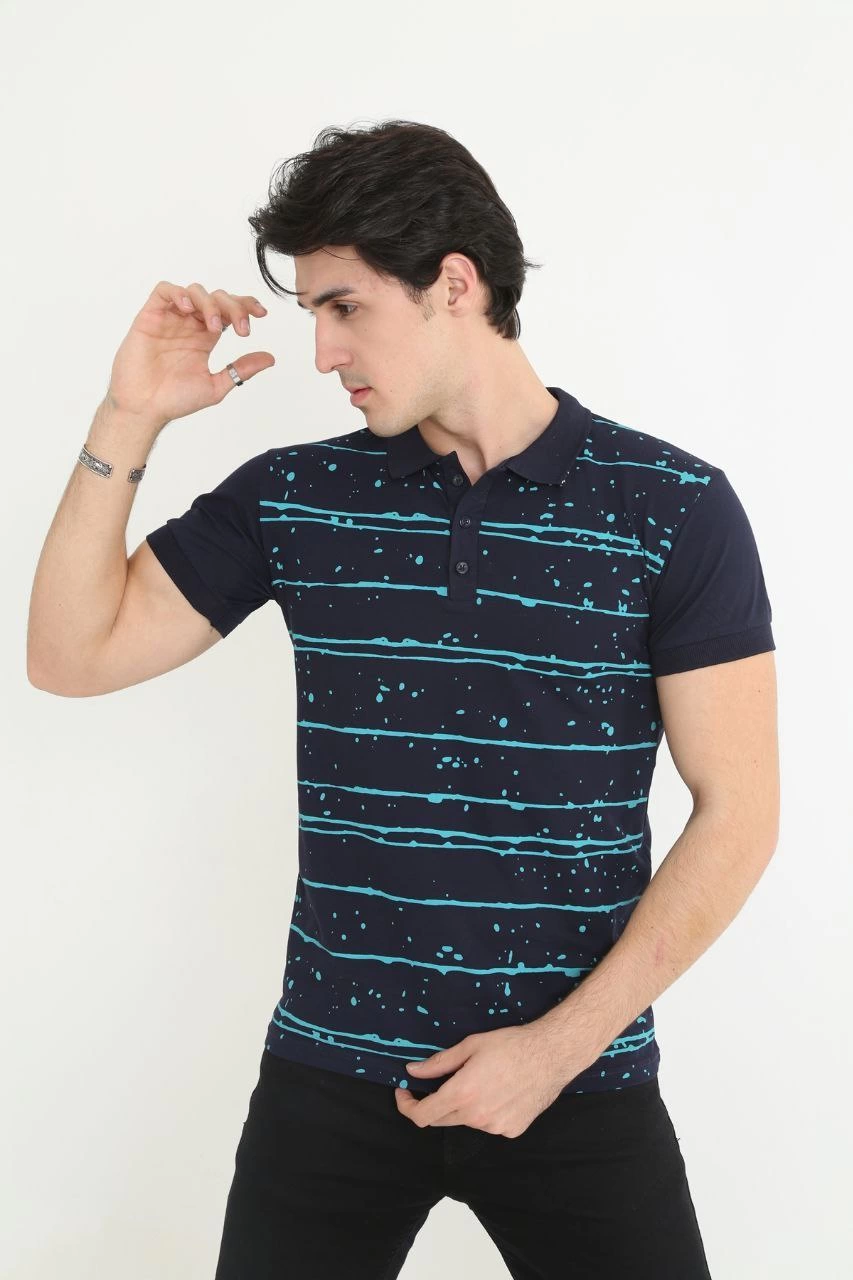 ASSEMA Erkek Yakalı tişort Slim Fit Pike Çizgili  Kısa kol T-Shirt - Lacivert