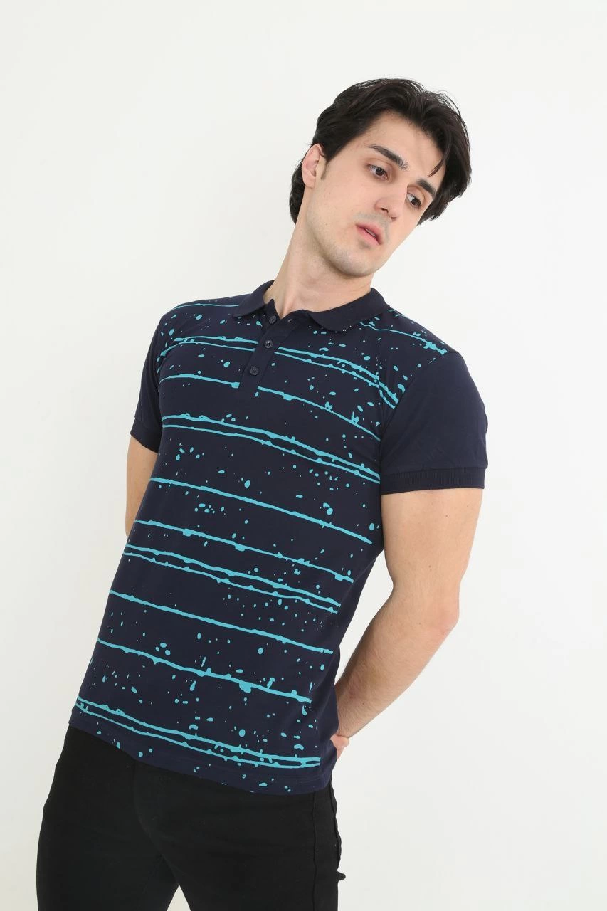 ASSEMA Erkek Yakalı tişort Slim Fit Pike Çizgili  Kısa kol T-Shirt - Lacivert