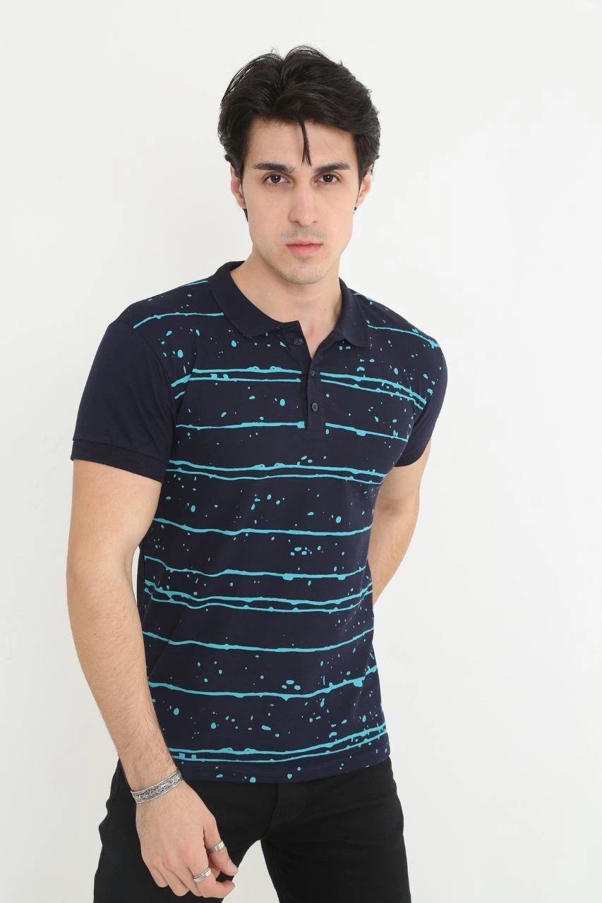 ASSEMA Erkek Yakalı tişort Slim Fit Pike Çizgili  Kısa kol T-Shirt - Lacivert