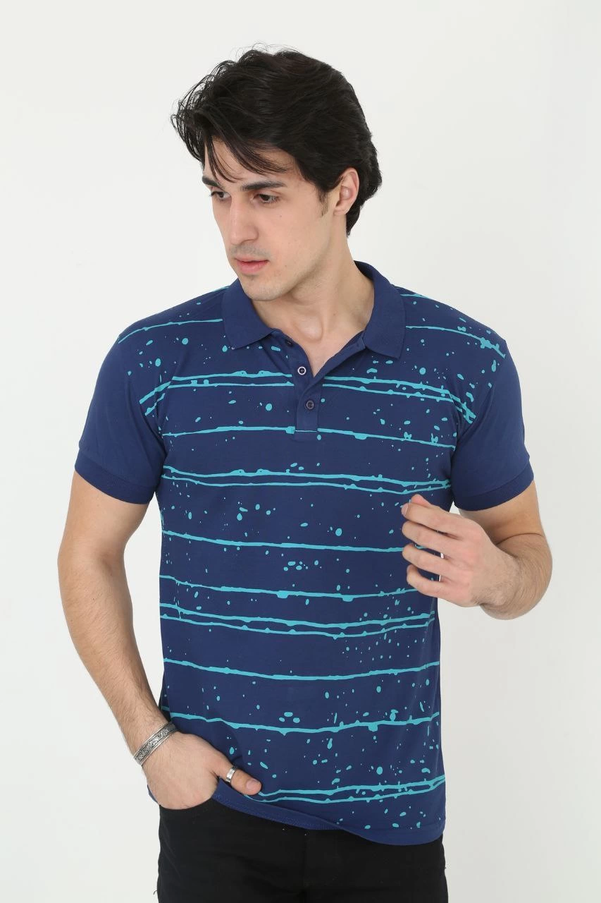 ASSEMA Erkek Pike Yakalı tişort Slim Fit Baskılı Kısa kol T-Shirt  - Mavi