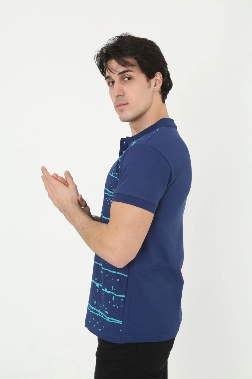 ASSEMA Erkek Pike Yakalı tişort Slim Fit Baskılı Kısa kol T-Shirt  - Mavi
