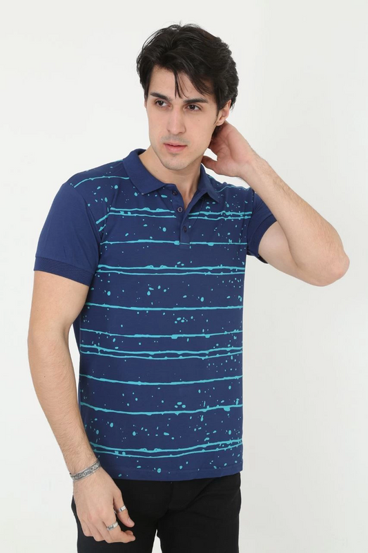 ASSEMA Erkek Pike Yakalı tişort Slim Fit Baskılı Kısa kol T-Shirt  - Mavi