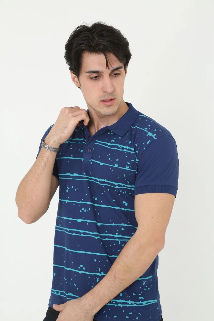 ASSEMA Erkek Pike Yakalı tişort Slim Fit Baskılı Kısa kol T-Shirt  - Mavi