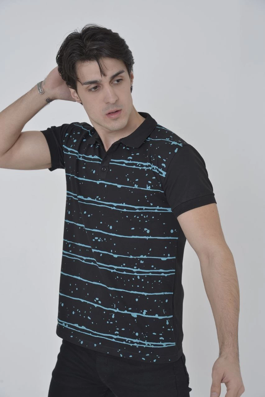 ASSEMA Erkek Pike Yakalı tişort Slim Fit Baskılı Kısa kol T-Shirt - Siyah