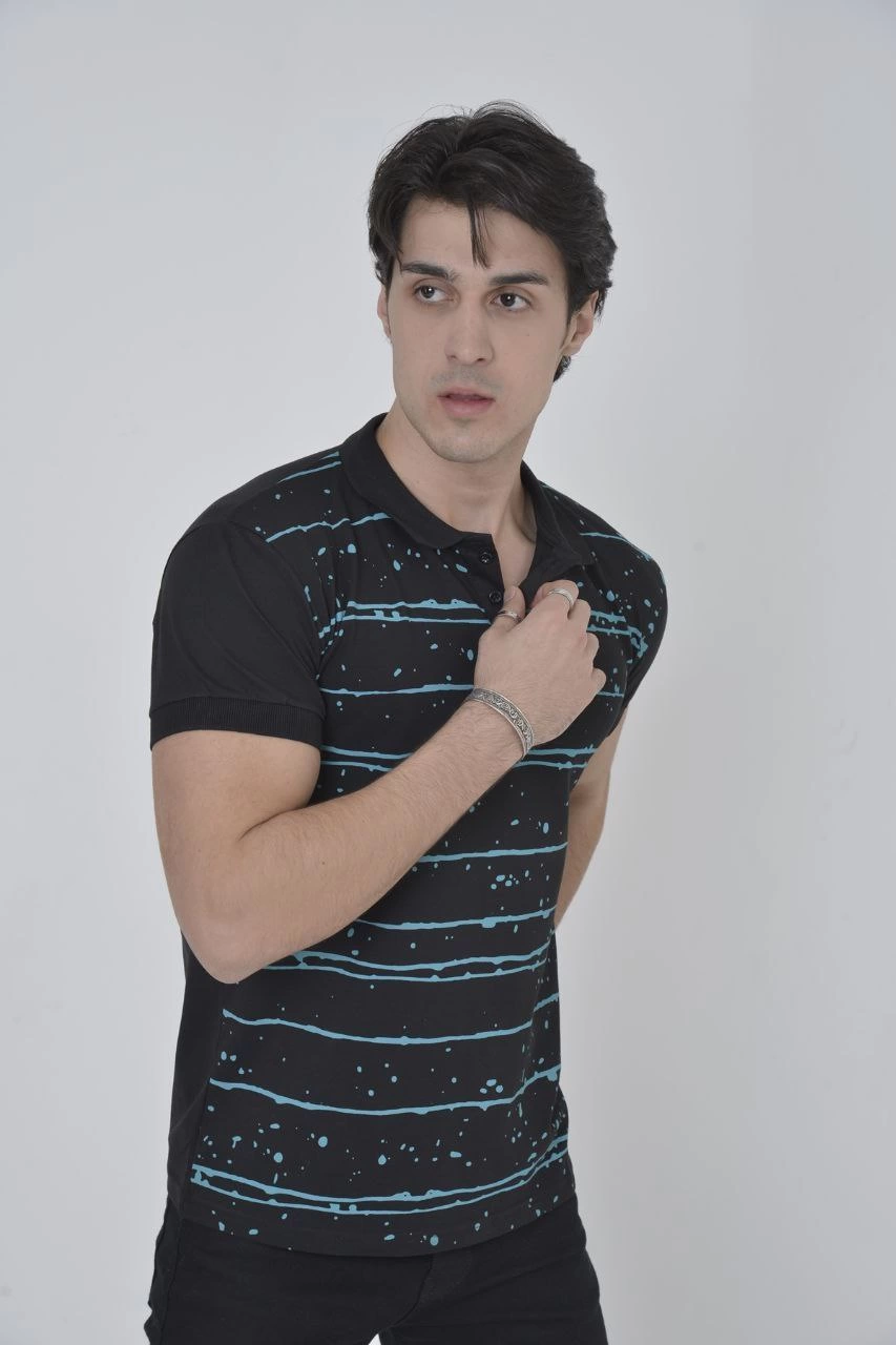 ASSEMA Erkek Pike Yakalı tişort Slim Fit Baskılı Kısa kol T-Shirt - Siyah
