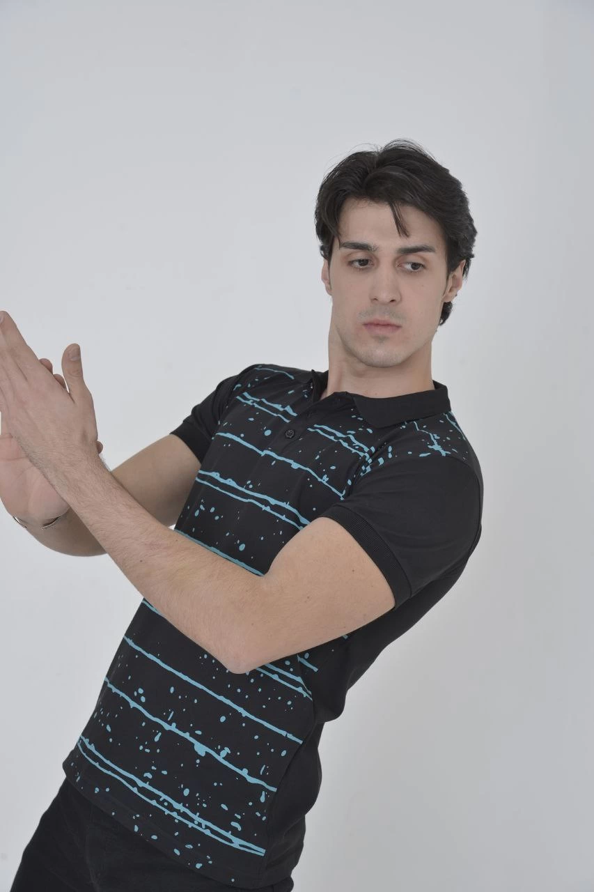 ASSEMA Erkek Pike Yakalı tişort Slim Fit Baskılı Kısa kol T-Shirt - Siyah