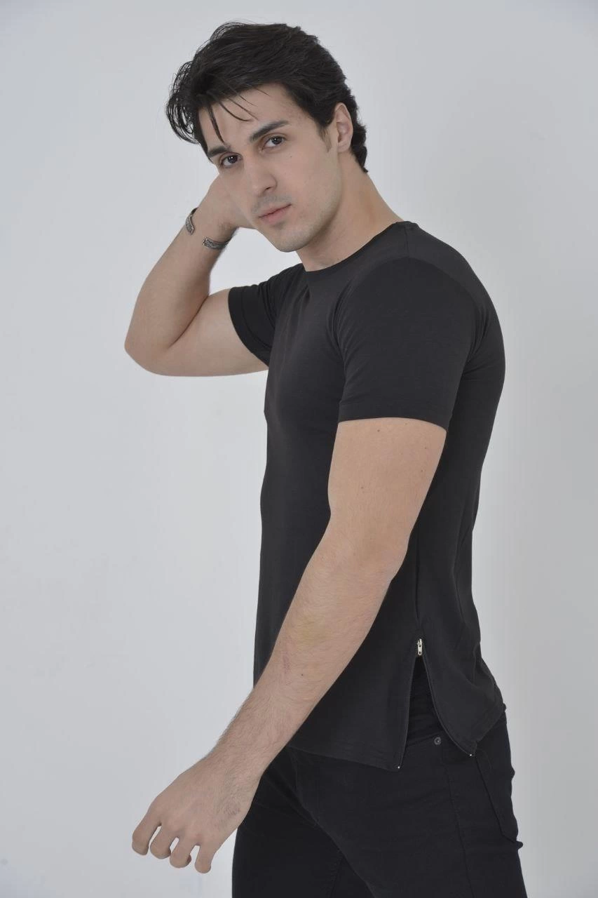 ASSEMA Erkek Yanlardan Fermuarlı T-Shirt Kısa Kol Bisiklet Yaka Slimfit Tişört   - Siyah