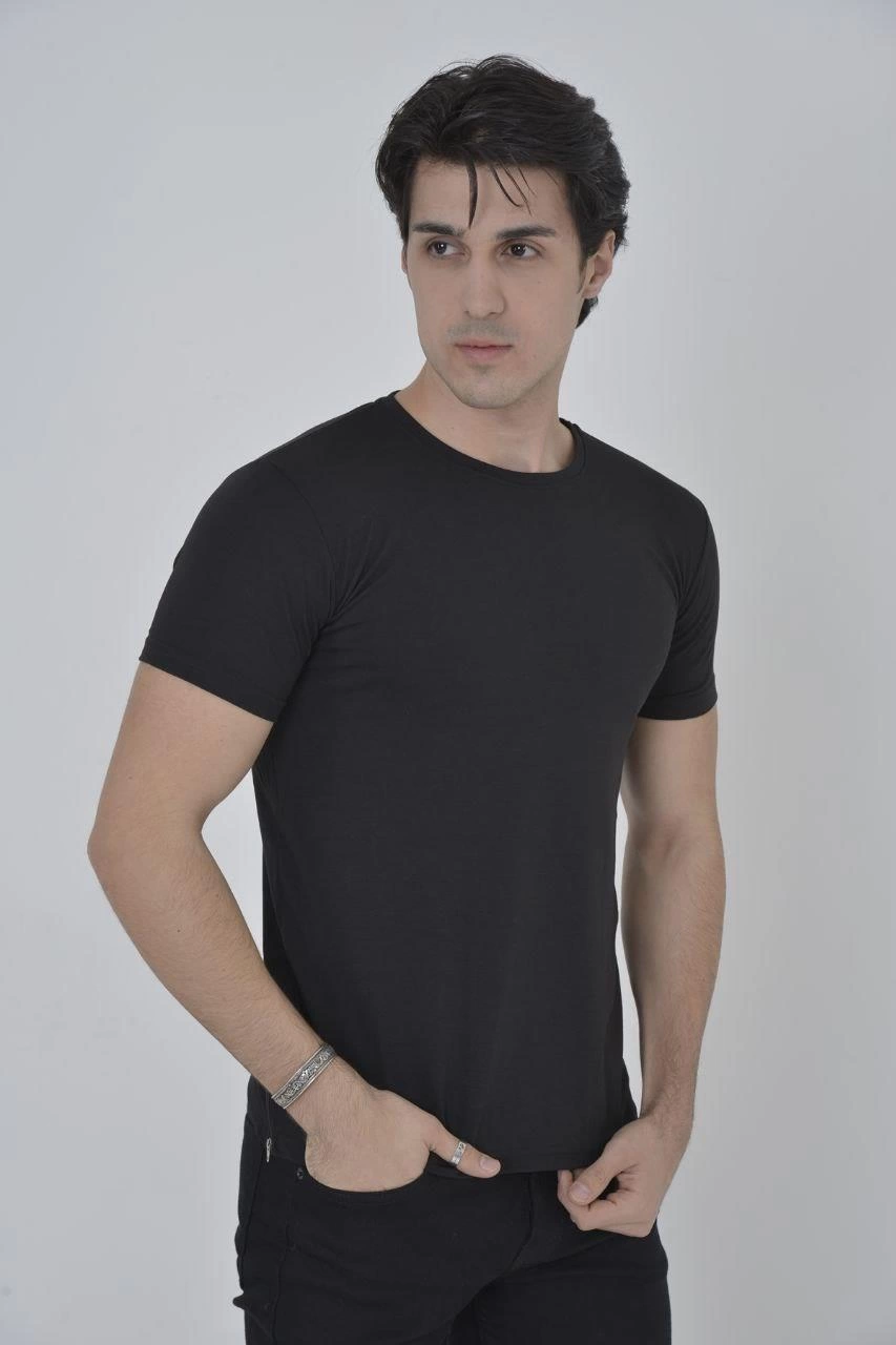 ASSEMA Erkek Yanlardan Fermuarlı T-Shirt Kısa Kol Bisiklet Yaka Slimfit Tişört   - Siyah