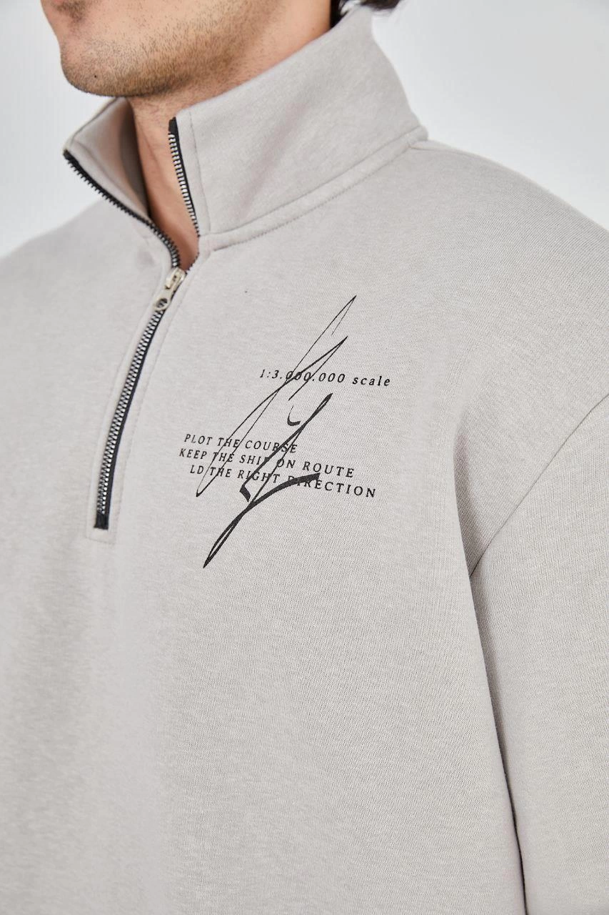 ASSEMA Erkek Yarım Fermuarlı Baskılı  üç iplik pamuklu sweatshirt  - Boyalı Gri