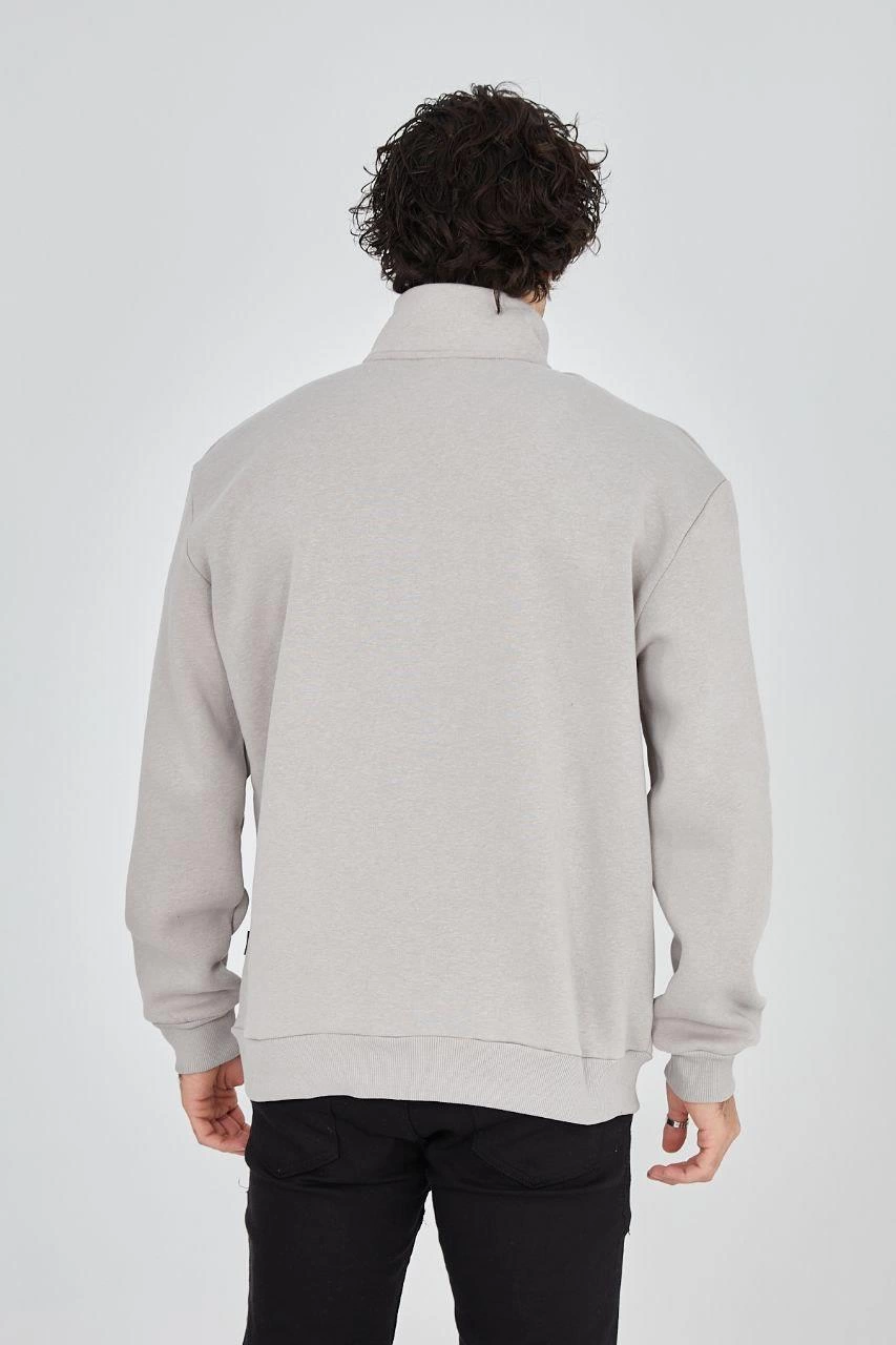 ASSEMA Erkek Yarım Fermuarlı Baskılı  üç iplik pamuklu sweatshirt  - Boyalı Gri