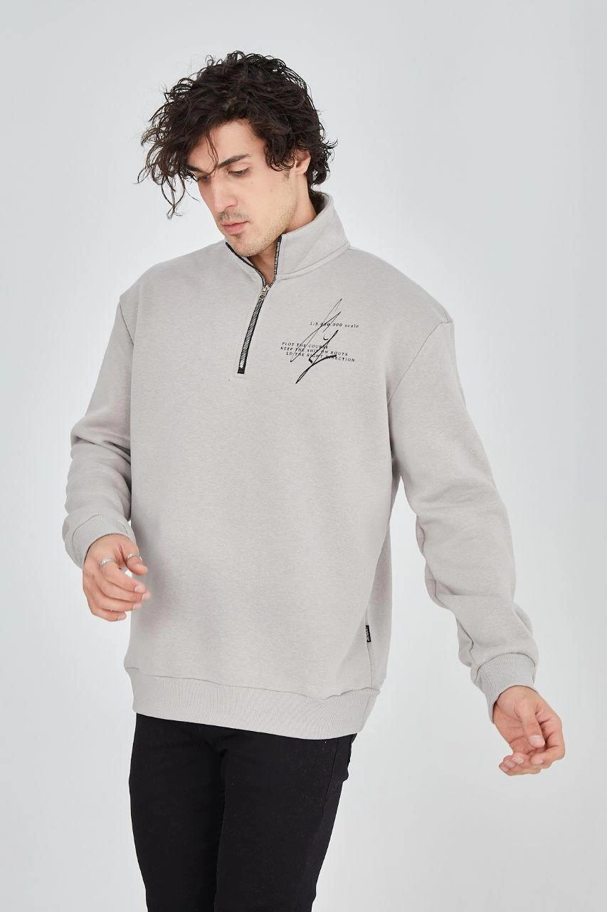 ASSEMA Erkek Yarım Fermuarlı Baskılı  üç iplik pamuklu sweatshirt  - Boyalı Gri