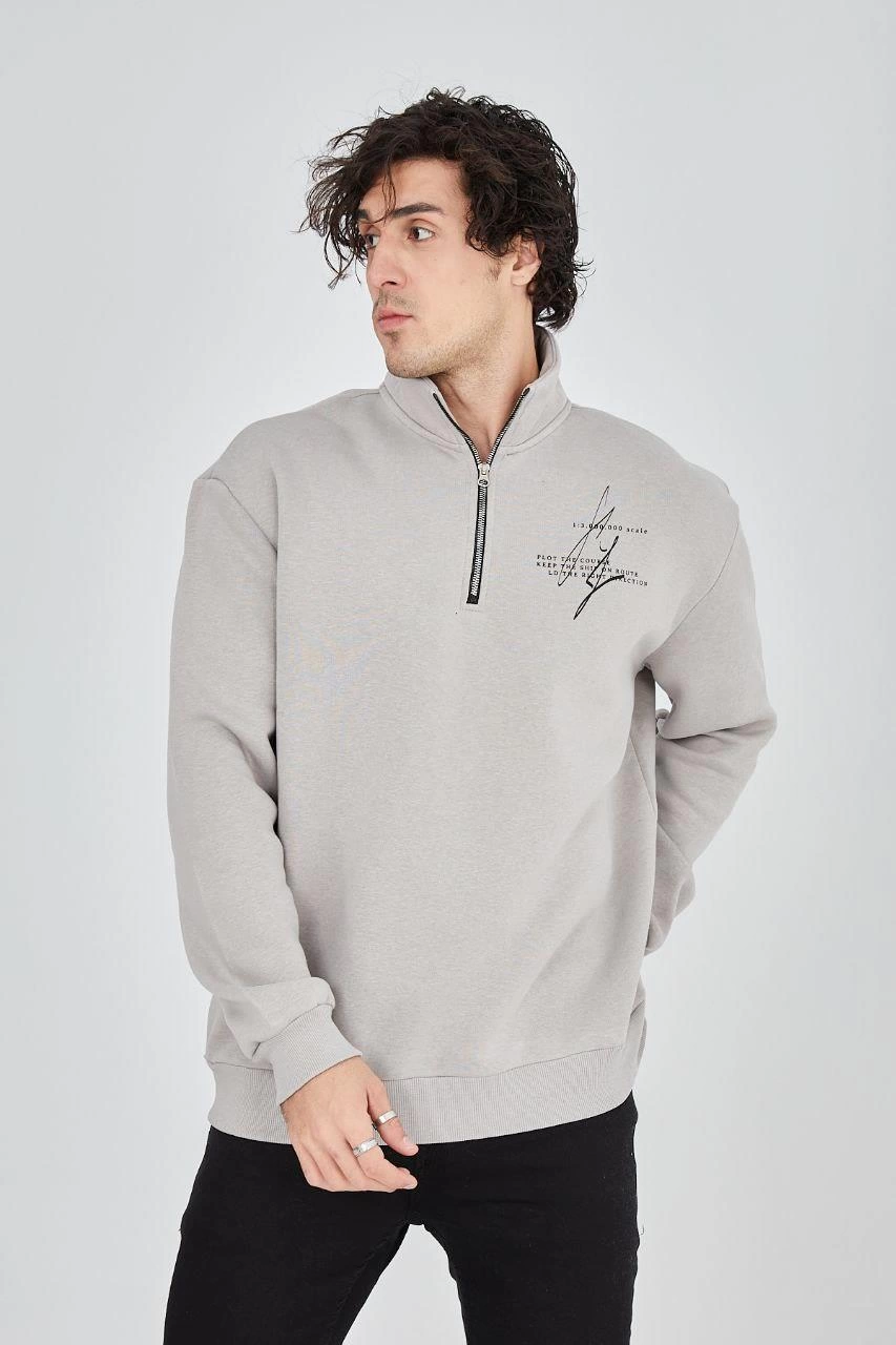 ASSEMA Erkek Yarım Fermuarlı Baskılı  üç iplik pamuklu sweatshirt  - Boyalı Gri