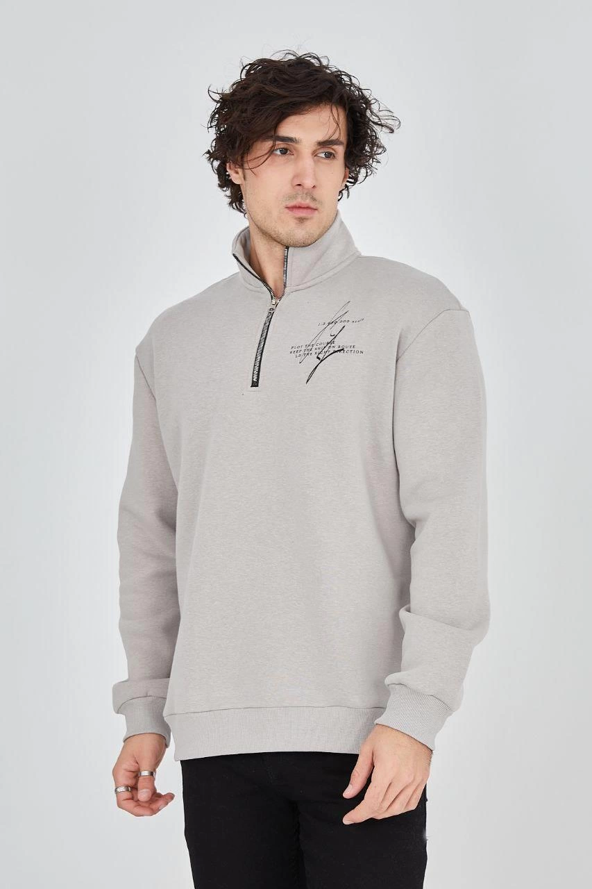 ASSEMA Erkek Yarım Fermuarlı Baskılı  üç iplik pamuklu sweatshirt  - Boyalı Gri