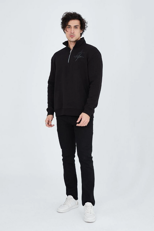 ASSEMA Erkek Yarım Fermuarlı Baskılı  üç iplik pamuklu sweatshirt   - Siyah
