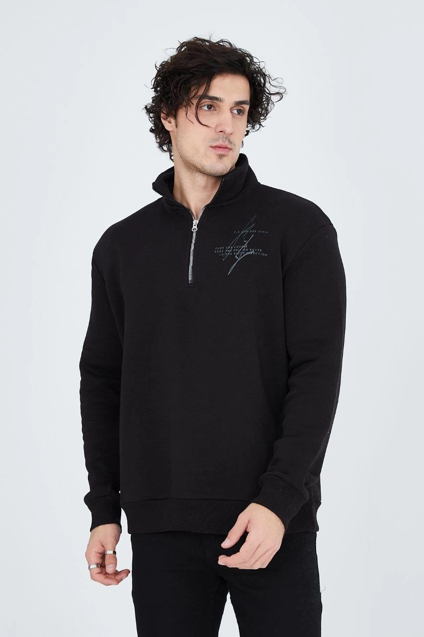ASSEMA Erkek Yarım Fermuarlı Baskılı  üç iplik pamuklu sweatshirt   - Siyah