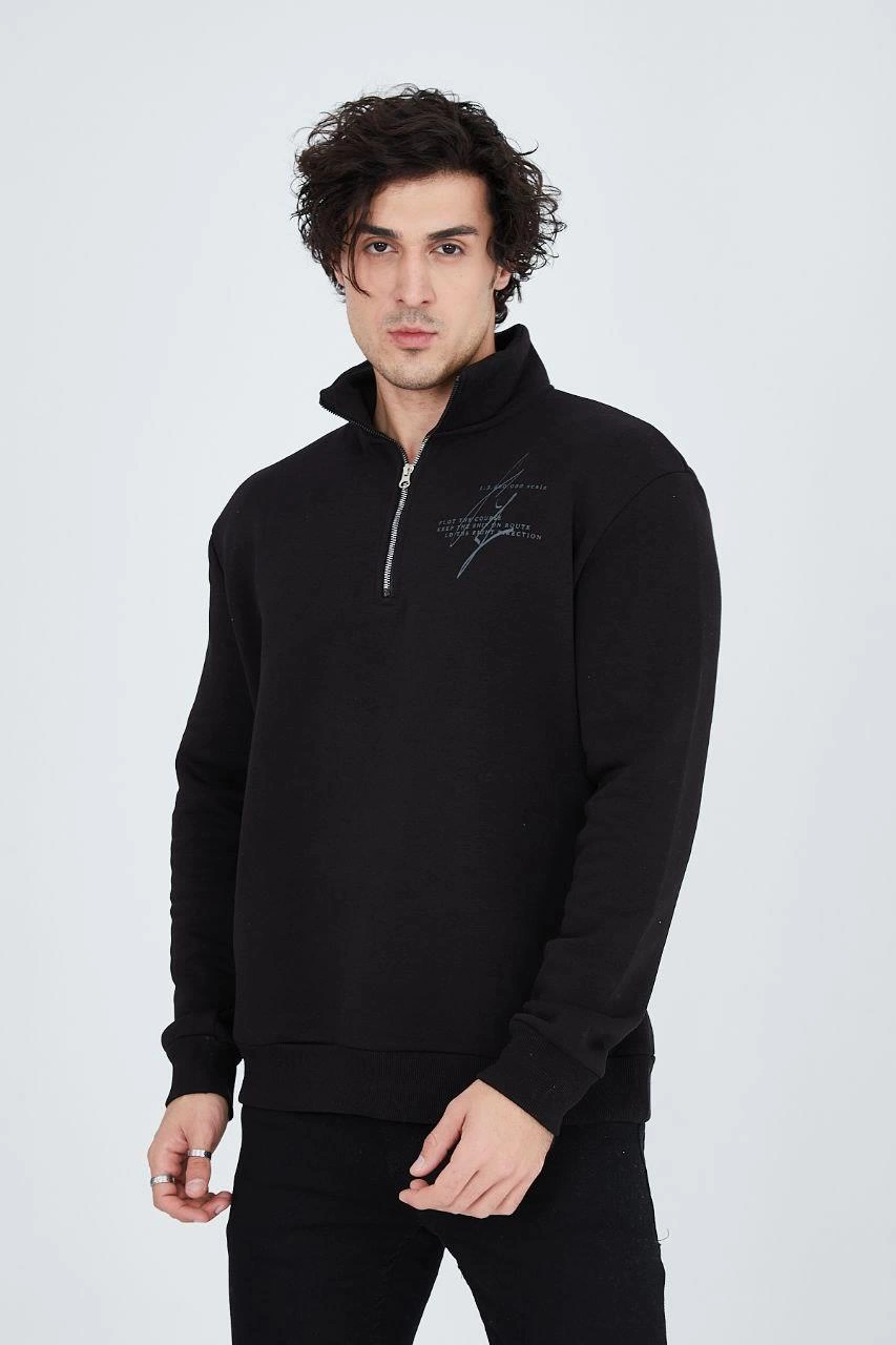 ASSEMA Erkek Yarım Fermuarlı Baskılı  üç iplik pamuklu sweatshirt   - Siyah