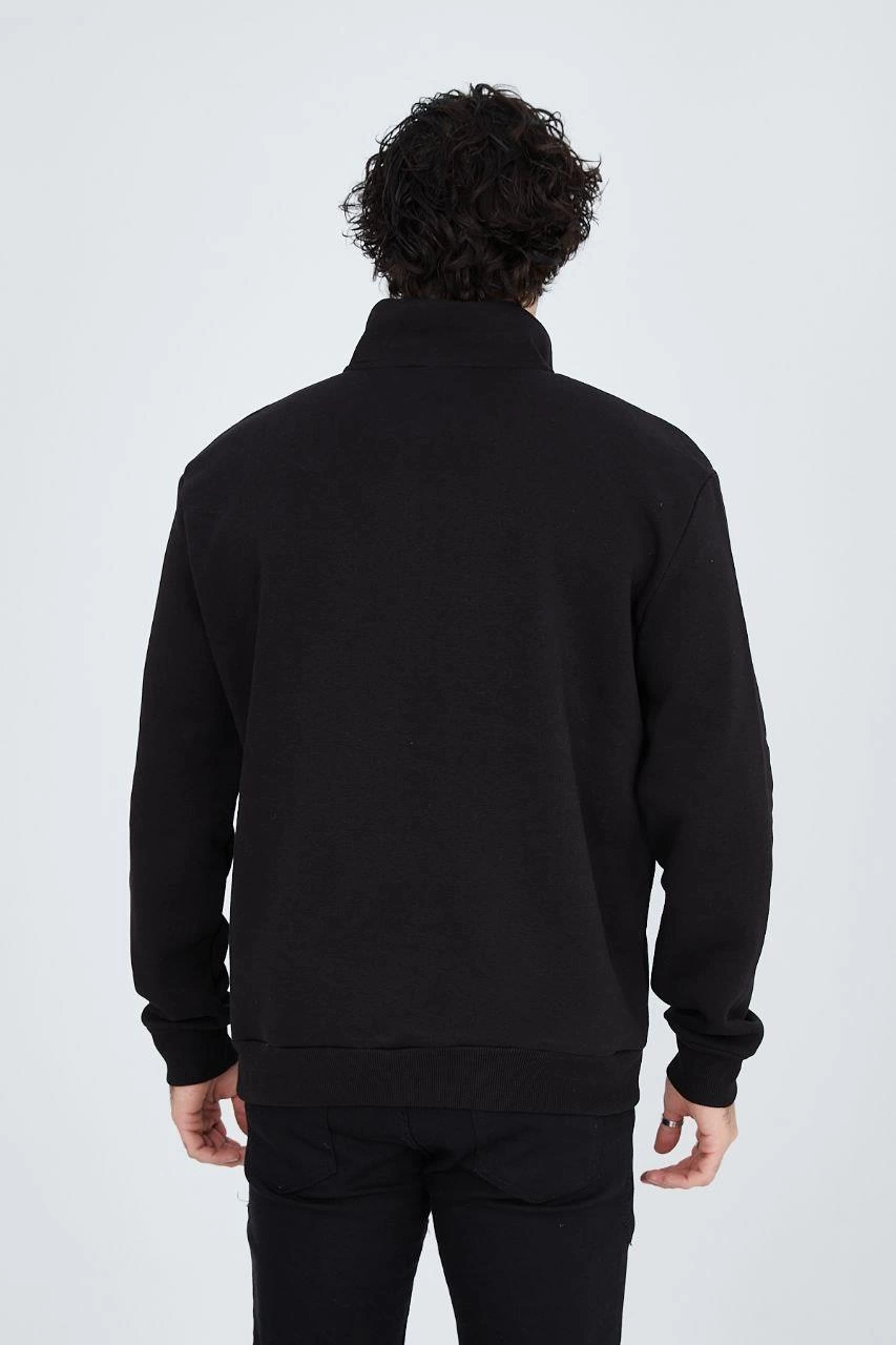 ASSEMA Erkek Yarım Fermuarlı Baskılı  üç iplik pamuklu sweatshirt   - Siyah