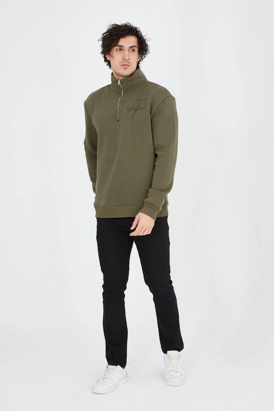 ASSEMA Erkek Yarım Fermuarlı Baskılı  üç iplik pamuklu sweatshirt   - Yeşil