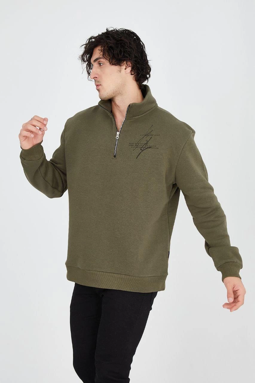 ASSEMA Erkek Yarım Fermuarlı Baskılı  üç iplik pamuklu sweatshirt   - Yeşil