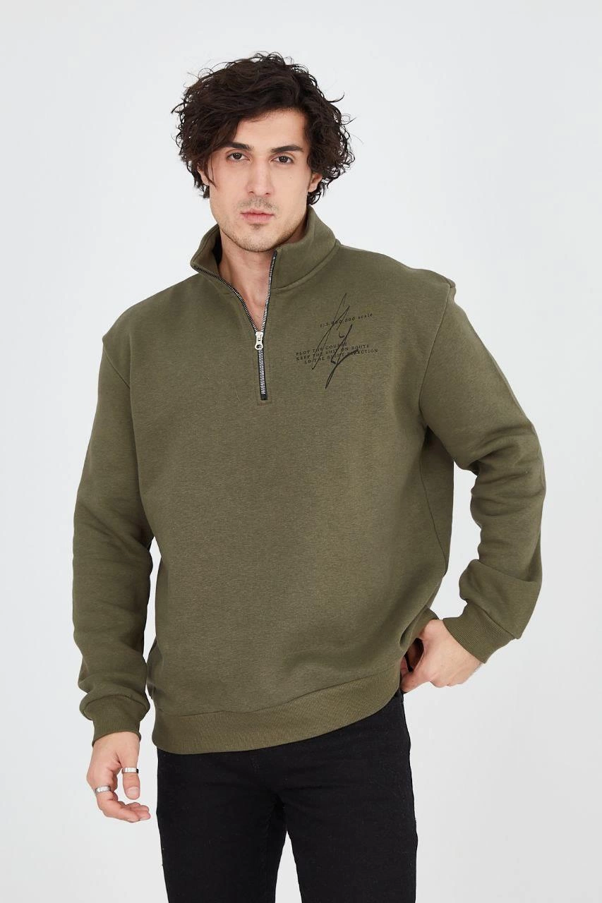 ASSEMA Erkek Yarım Fermuarlı Baskılı  üç iplik pamuklu sweatshirt   - Yeşil