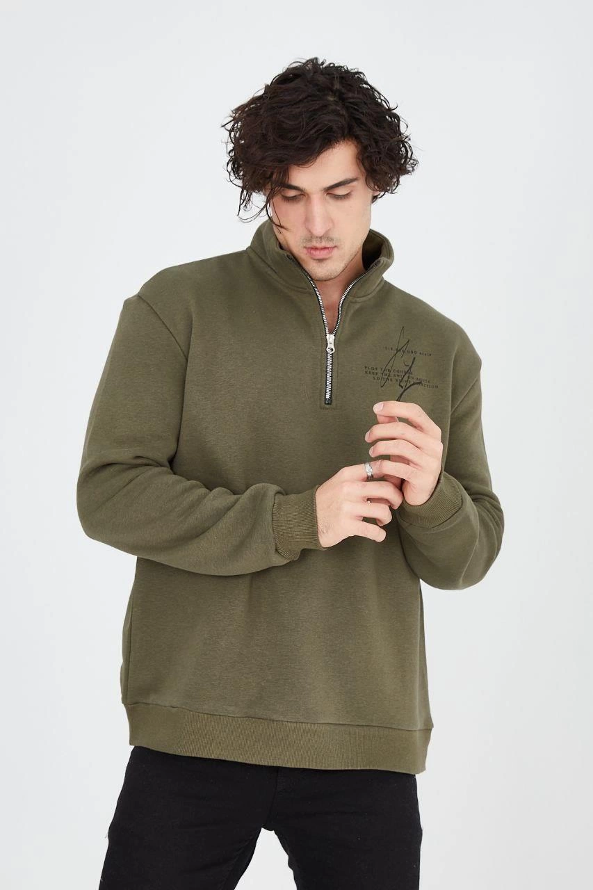 ASSEMA Erkek Yarım Fermuarlı Baskılı  üç iplik pamuklu sweatshirt   - Yeşil