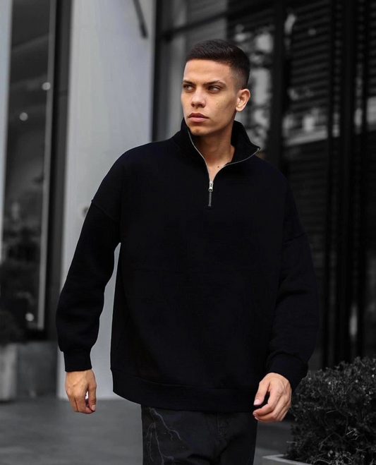 ASSEMA Erkek Yarım Fermuarlı Üç İplik Sweatshirt - Siyah