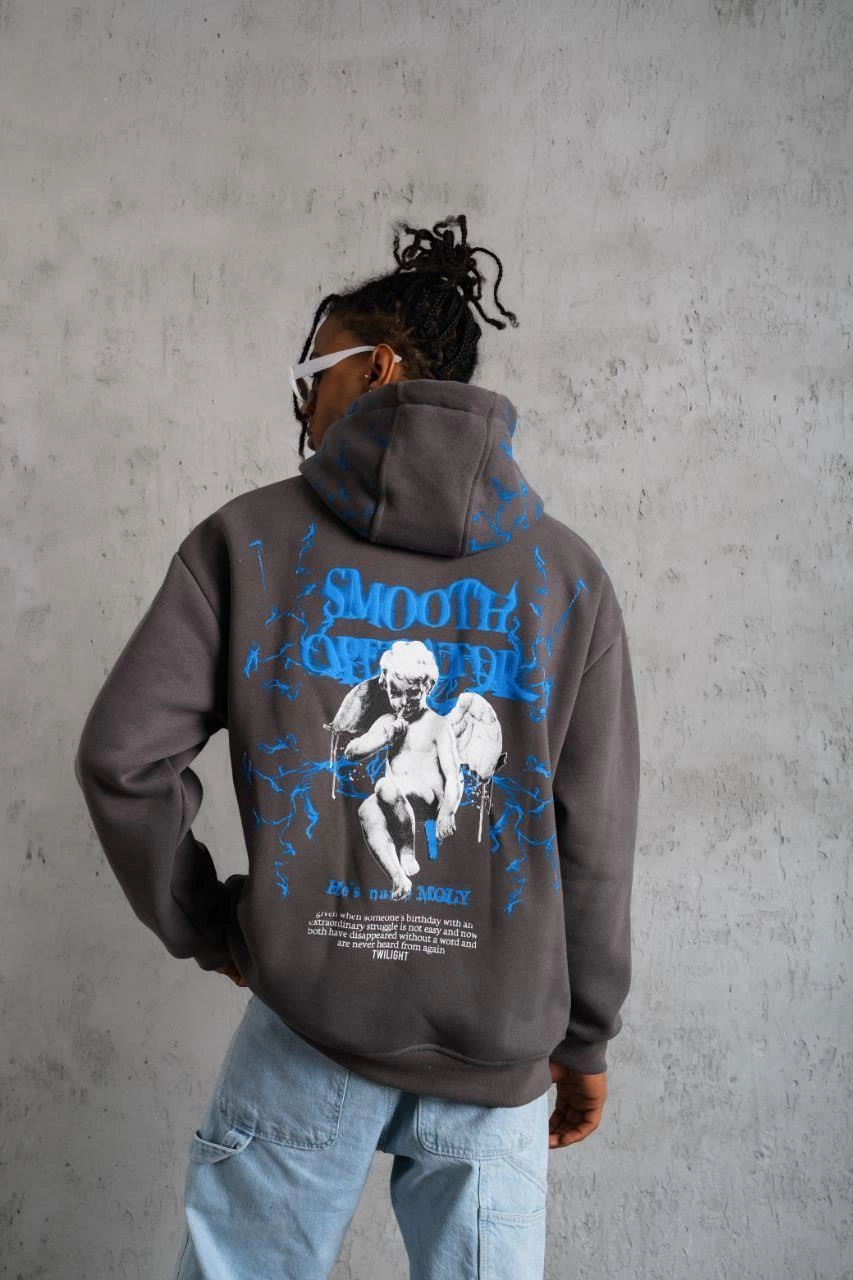 ASSEMA Erkek Yıldırım Baskılı Kapşonlu üç iplik pamuklu  Sweatshirt - Gri