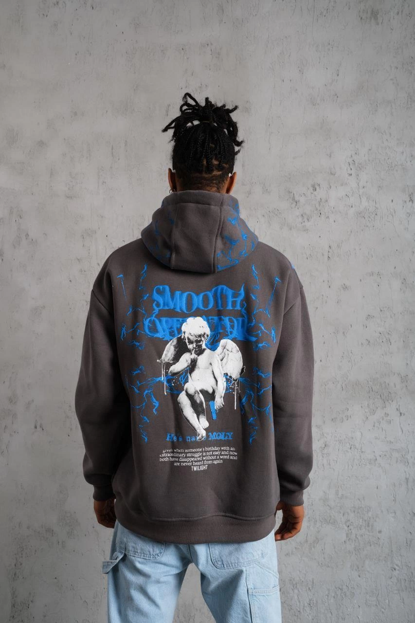 ASSEMA Erkek Yıldırım Baskılı Kapşonlu üç iplik pamuklu  Sweatshirt - Gri