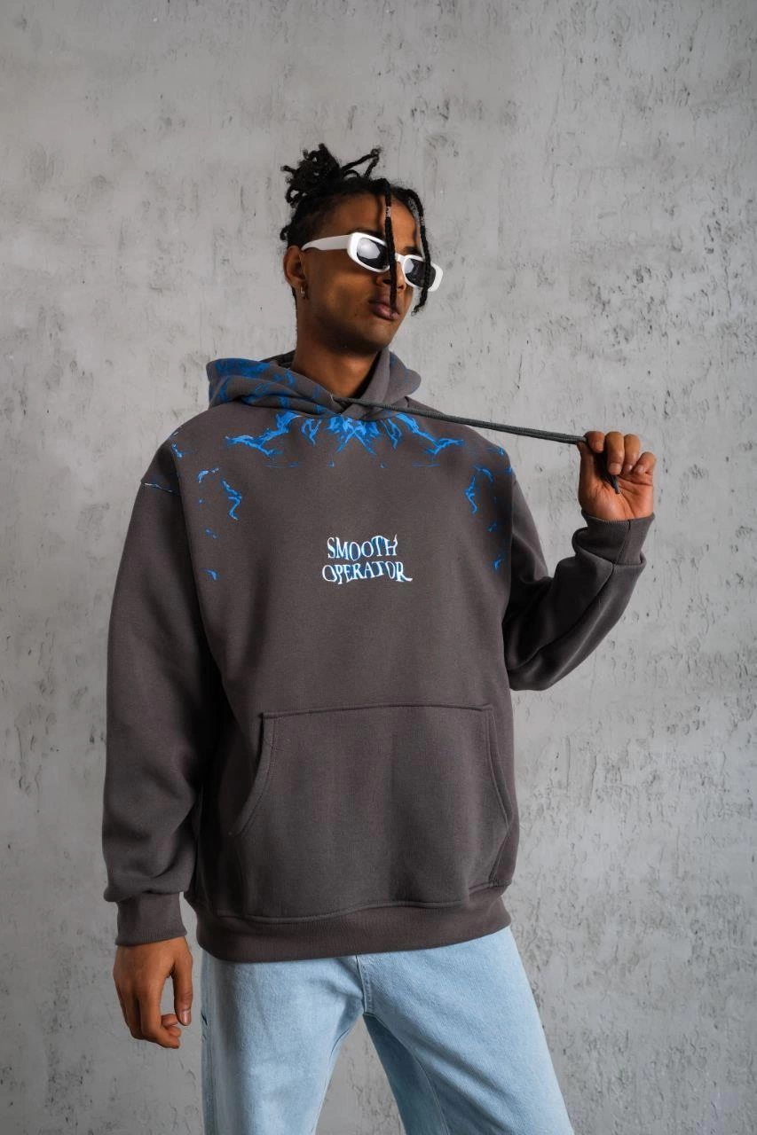 ASSEMA Erkek Yıldırım Baskılı Kapşonlu üç iplik pamuklu  Sweatshirt - Gri