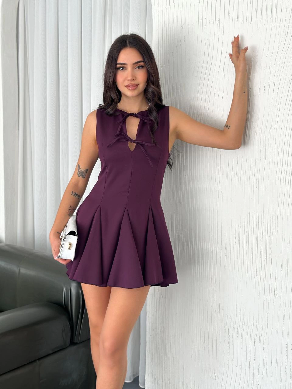 ASSEMA Kadın Göğüs Bağlamalı Kolsuz Mini Boy Elbise - Gül Kurusu