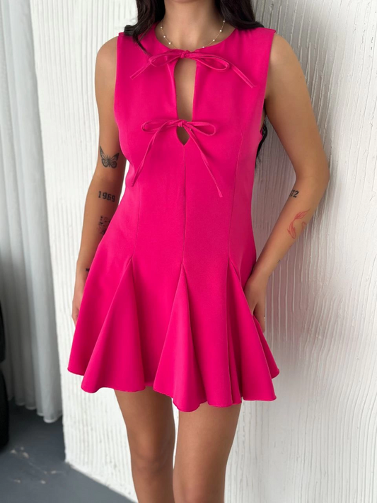 ASSEMA Kadın Göğüs Bağlamalı Kolsuz Mini Boy Elbise - Pembe