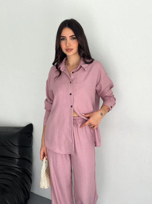 ASSEMA Kadın Gömlek Pantolon ikili Alt-Üst Takım - Toz Pembe