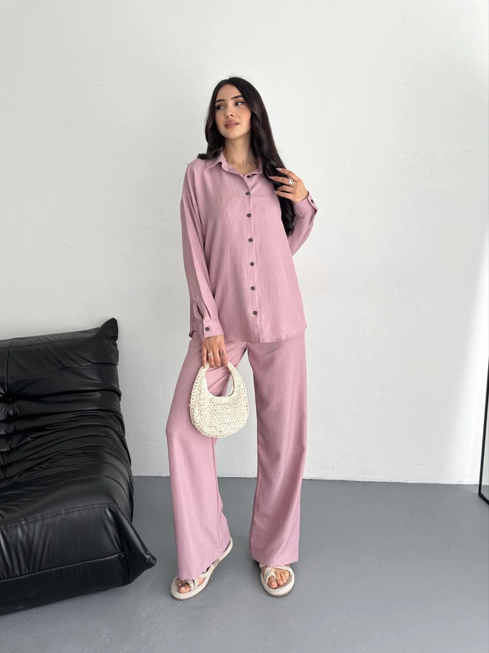 ASSEMA Kadın Gömlek Pantolon ikili Alt-Üst Takım - Toz Pembe
