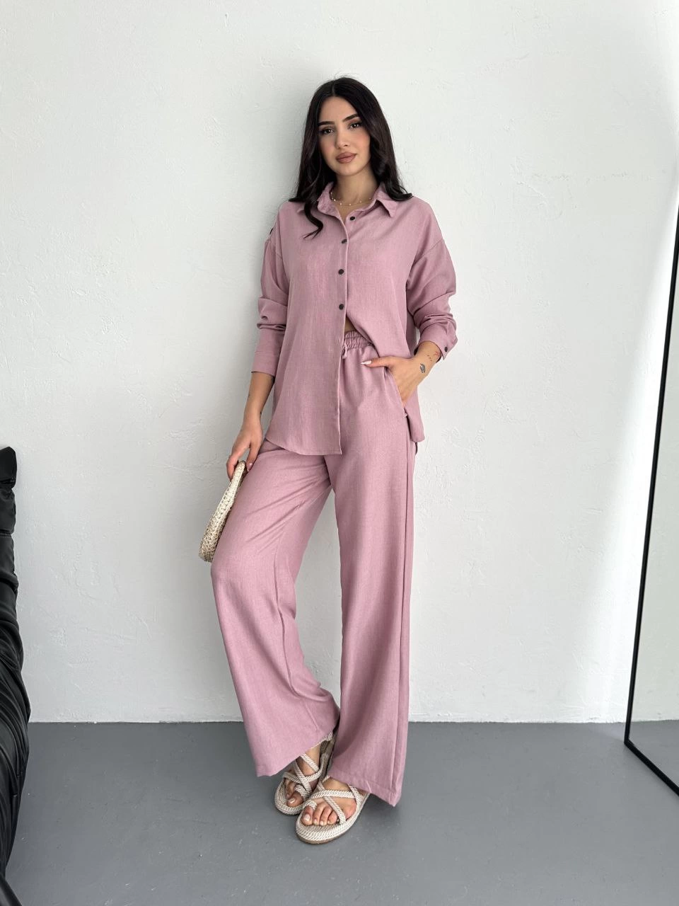 ASSEMA Kadın Gömlek Pantolon ikili Alt-Üst Takım - Toz Pembe