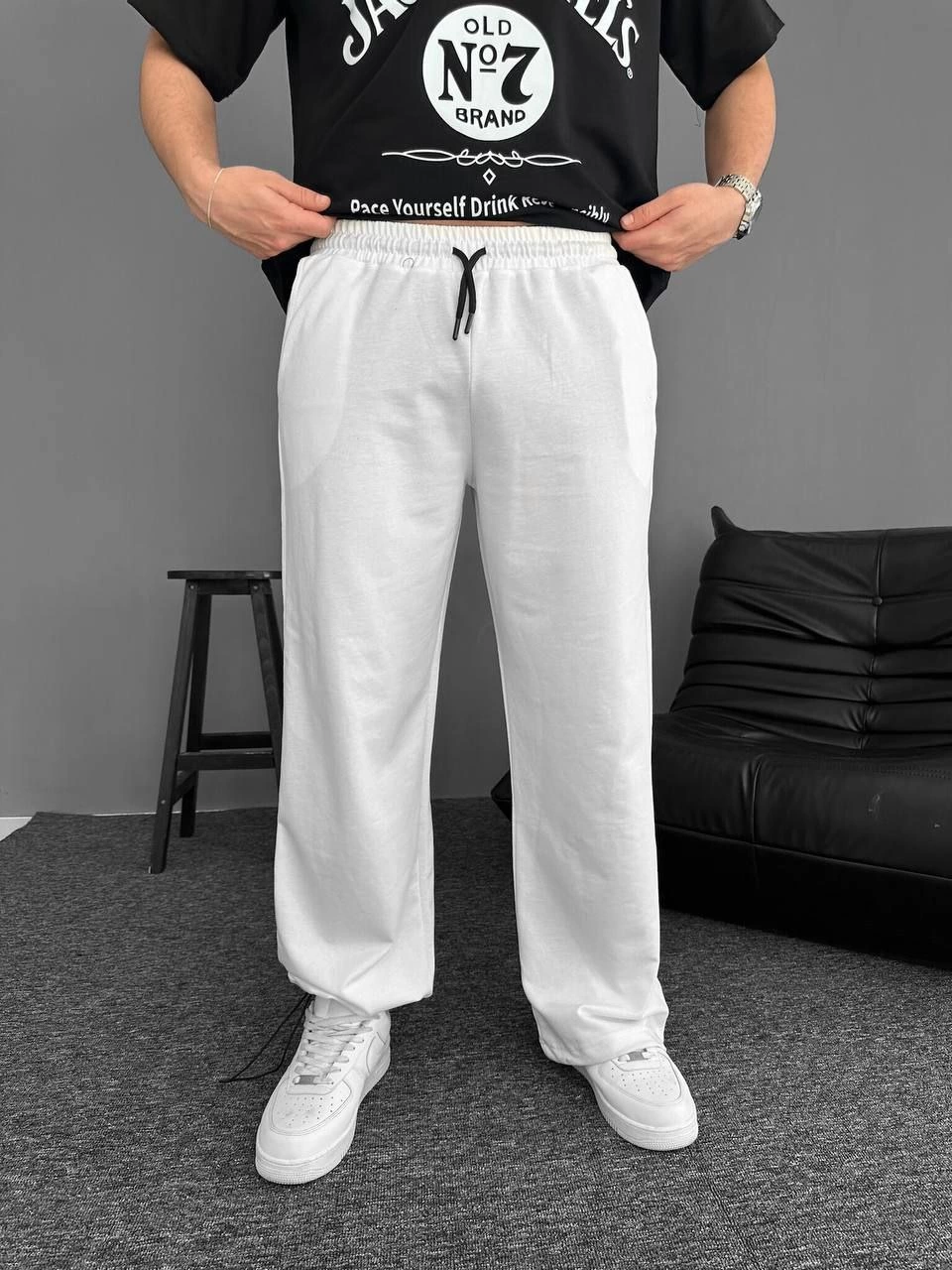 ASSEMA Erkek İki İplik Kumaş Beli Lastikli Yan Flota Cepli Baggy Alt Esofman pantalon - Beyaz
