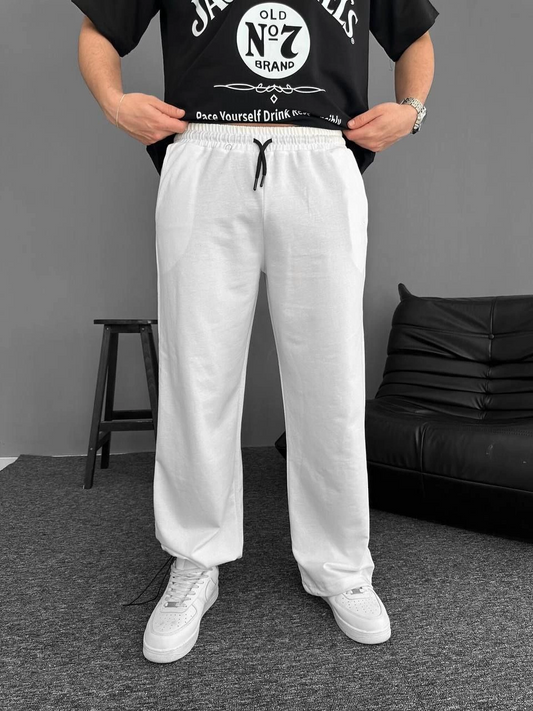 ASSEMA Erkek İki İplik Kumaş Beli Lastikli Yan Flota Cepli Baggy Alt Esofman pantalon - Beyaz