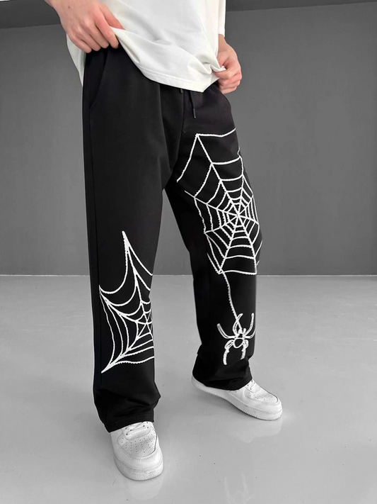 ASSEMA Erkek İki İplik Kumaş Örümcek Baskılı Esofman pantalon - Siyah