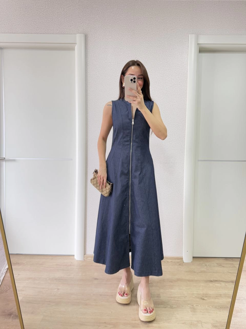 ASSEMA Kadın Jeans Kot Önü Tam Fermuarlı  Uzun Elbise - Mavi