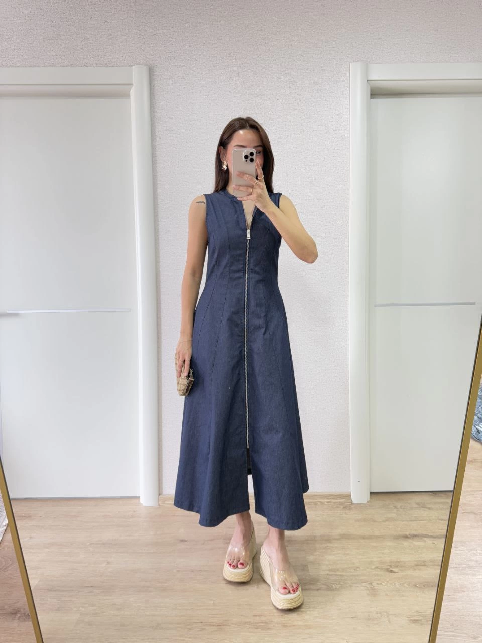 ASSEMA Kadın Jeans Kot Önü Tam Fermuarlı  Uzun Elbise - Mavi
