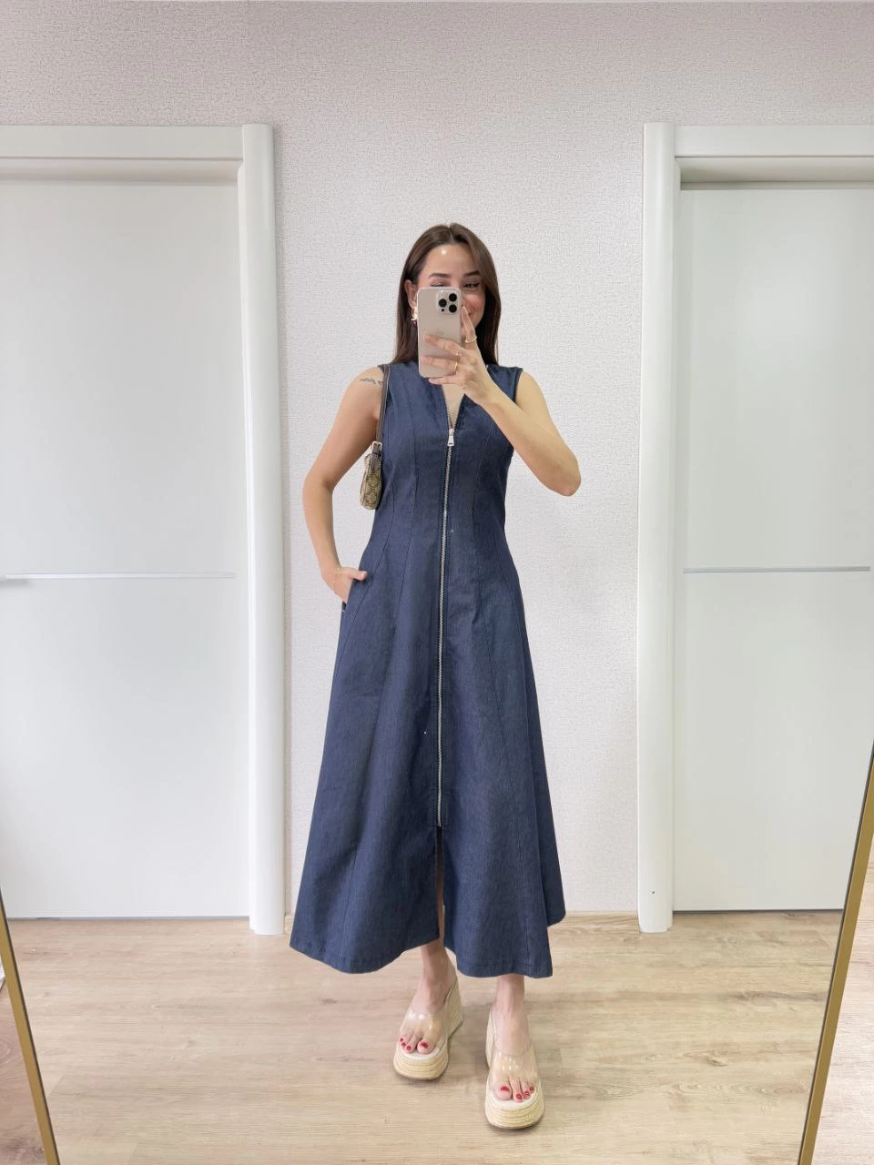 ASSEMA Kadın Jeans Kot Önü Tam Fermuarlı  Uzun Elbise - Mavi