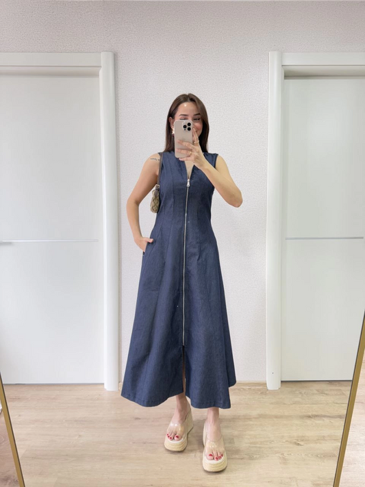 ASSEMA Kadın Jeans Kot Önü Tam Fermuarlı  Uzun Elbise - Mavi