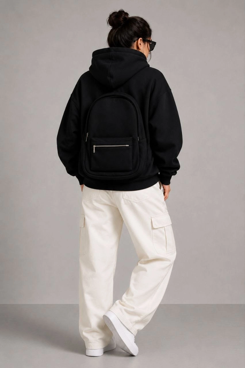 Kadın 3 İplik Şardonlu Tam Fermuarlı Kapüşonlu Arka Çanta Detaylı Sweatshirt - Siyah
