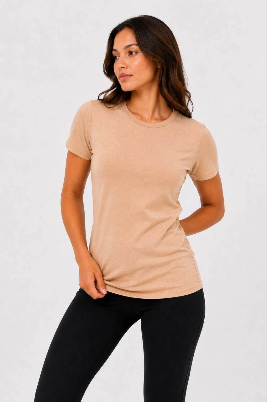 Kadın 3 lü Kısa Kollu Bisiklet Yaka Basic Slim Fit T-Shirt - Kırmızı - Turuncu - Bej