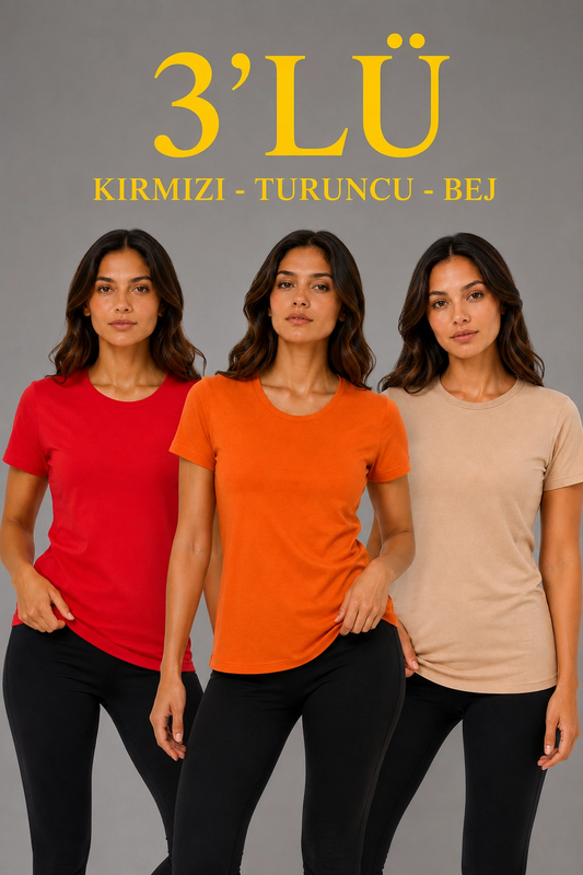 Kadın 3 lü Kısa Kollu Bisiklet Yaka Basic Slim Fit T-Shirt - Kırmızı - Turuncu - Bej